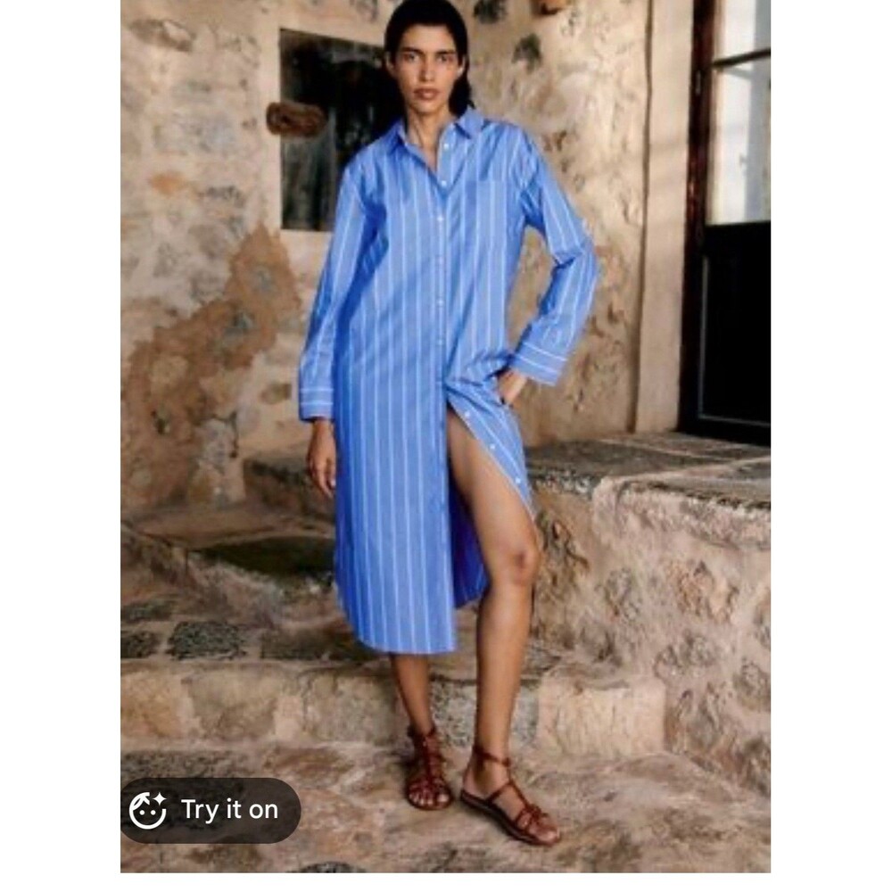 Sezane Tymea Shirt Women Dress Striped Blue White Sz 38 Medium US 6 Flawed Read!
